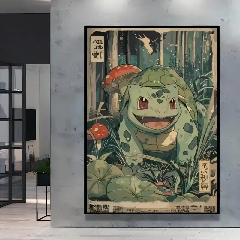 Affiche poster peinture pokémon nature avec bulbasaur vert tacheté entouré de champignons dans un style vintage évo li style