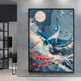Poster peinture pokémon nature avec kyogre bleu et blanc survolant des vagues stylisées, fleurs de cerisier et pleine lune