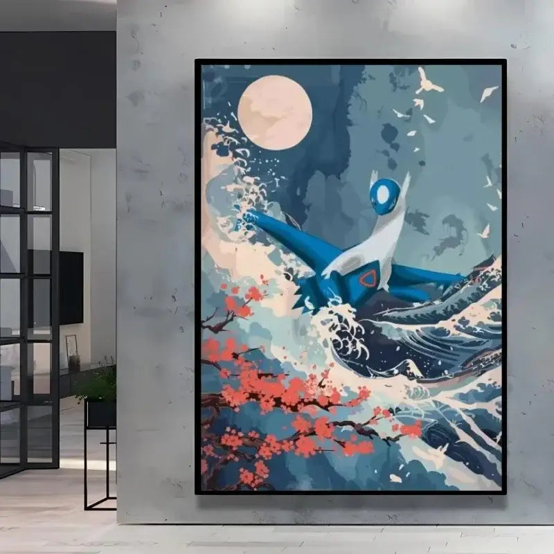 Poster peinture pokémon nature avec kyogre bleu et blanc survolant des vagues stylisées, fleurs de cerisier et pleine lune