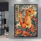 Poster peinture pokémon nature encadré avec charmander orange et jaune stylisé entouré de fleurs vibrantes en style vintage