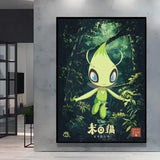Affiche poster peinture pokémon avec personnage vert lime aux grands yeux bleus en style peinture pokémon nature évoli style