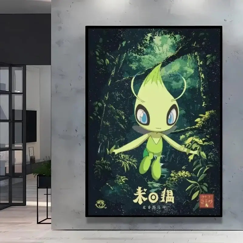 Affiche poster peinture pokémon avec personnage vert lime aux grands yeux bleus en style peinture pokémon nature évoli style