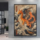 Poster peinture pokémon nature orange charizard encadré noir style ukiyo-e avec vagues japonaises traditionnelles