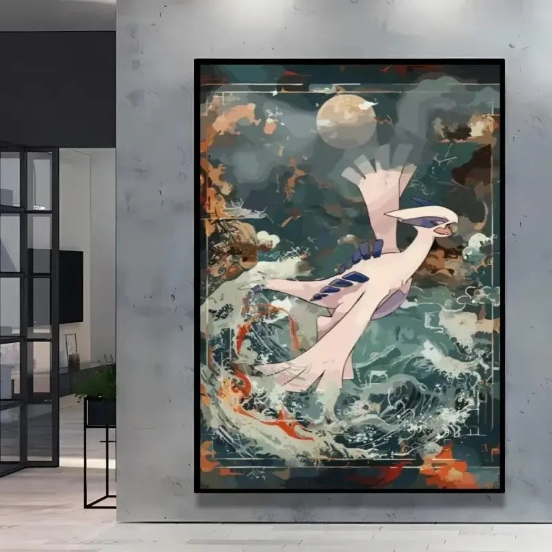 Poster peinture pokémon nature avec artwork encadré d’un pokémon pâle rose et blanc style Évoli sur vagues colorées