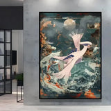 Poster peinture pokémon nature avec artwork encadré d’un pokémon pâle rose et blanc style Évoli sur vagues colorées