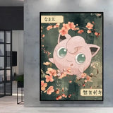Affiche peinture pokémon nature avec jigglypuff rose aux grands yeux verts entouré de fleurs de pêcher sur fond sombre