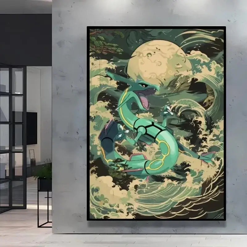Poster peinture pokémon nature avec dragon vert stylisé et accents jaunes volant sur vagues sous grande lune en cadre
