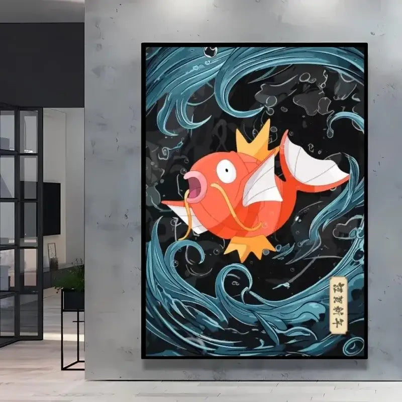 Poster peinture pokémon nature avec poisson cartoon orange et jaune vif à nageoires blanches encadré noir style Évoli