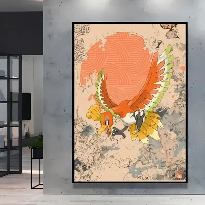 Poster peinture pokémon featuring a vibrant orange yellow bird with green-tipped wings in Évoli style