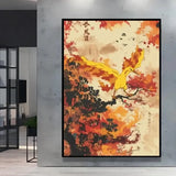 Poster peinture pokémon nature avec un oiseau jaune vif aux ailes orange et rouge en style Évoli sur fond automnal