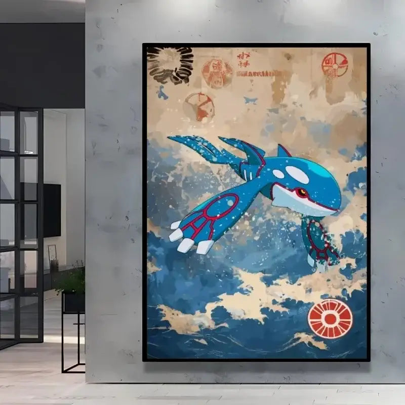 Affiche peinture pokémon nature avec kyogre bleu et blanc encadré sur toile au style évoli pour décoration murale