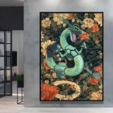 Un poster peinture pokémon nature avec un dragon stylisé teal et accents jaunes sur fond sombre fleuri