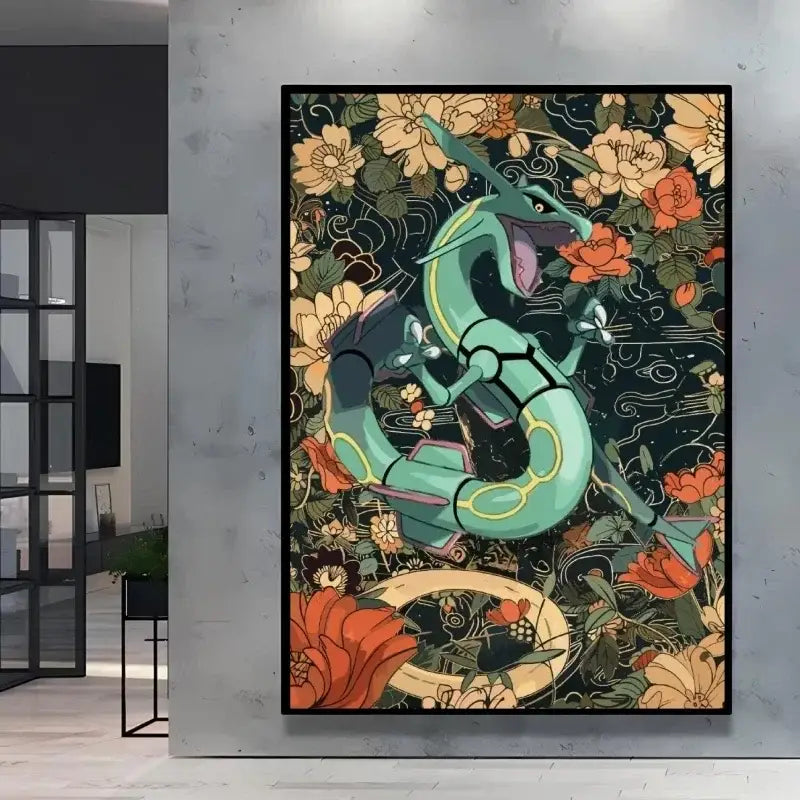 Un poster peinture pokémon nature avec un dragon stylisé teal et accents jaunes sur fond sombre fleuri