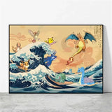 Poster peinture pokémon nature avec style évoli sur toile encadrée couleurs vives scène vague hokusai détaillée