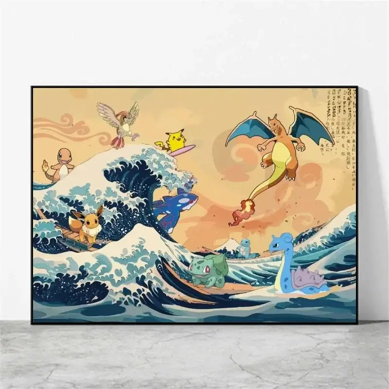 Poster peinture pokémon nature avec style évoli sur toile encadrée couleurs vives scène vague hokusai détaillée