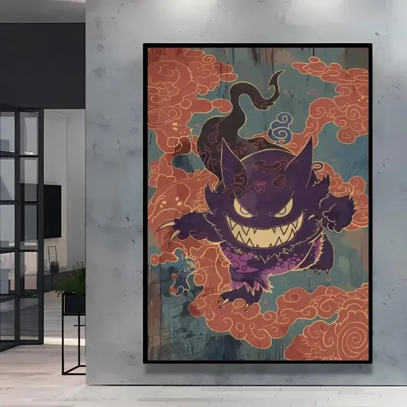 Poster peinture pokémon avec gengar stylisé violet foncé aux yeux jaunes brillants sur fond de nuages orange