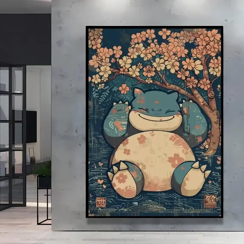 Poster peinture pokémon nature avec artwork encadré de snorlax souriant sous cerisiers en tons pêche et sarcelle