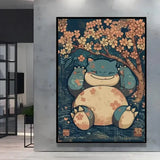 Poster peinture pokémon nature avec artwork encadré de snorlax souriant sous cerisiers en tons pêche et sarcelle