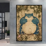 Poster peinture pokémon nature avec artwork de snorlax bleu crème en encre de chine encadré noir style Évoli