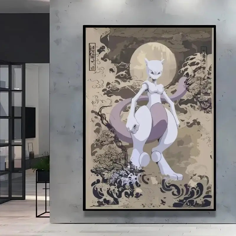 Poster peinture pokémon nature avec mewtwo blanc et lavande style anime sur fond beige motifs vagues encre noire