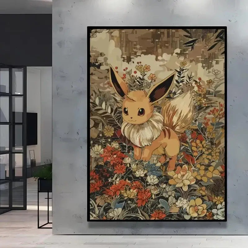 Affiche peinture pokémon nature avec toile encadrée représentant un Évoli beige et crème entouré de motifs floraux chaleureux
