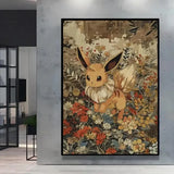 Affiche peinture pokémon nature avec toile encadrée représentant un Évoli beige et crème entouré de motifs floraux chaleureux