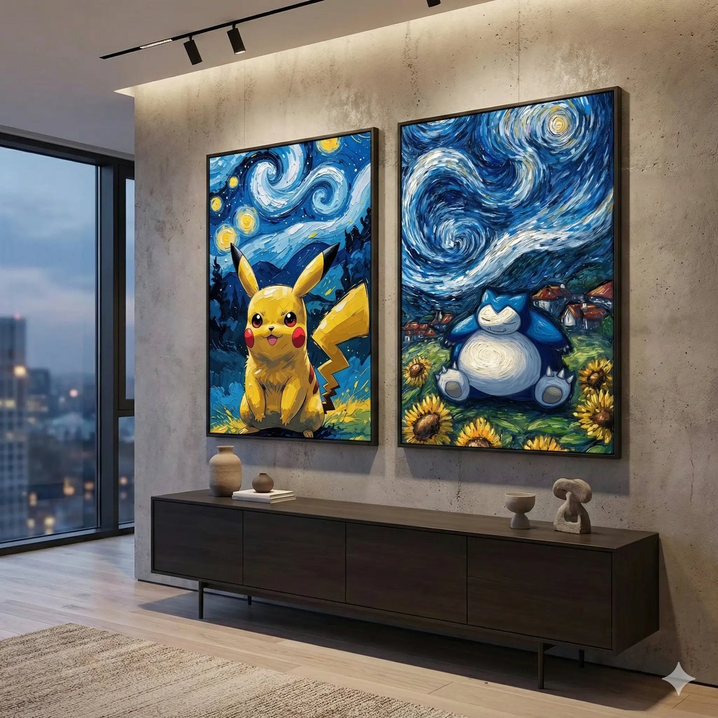 Pikachu Snorlax Van Gogh Poster