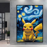 Poster pokémon van gogh représentant pikachu jaune sous une nuit étoilée tourbillonnante style van gogh