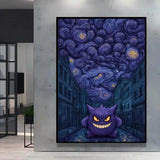 Poster pokémon avec gengar violet aux yeux jaunes lumineux sous une nuit étoilée style van gogh dans une rue étroite