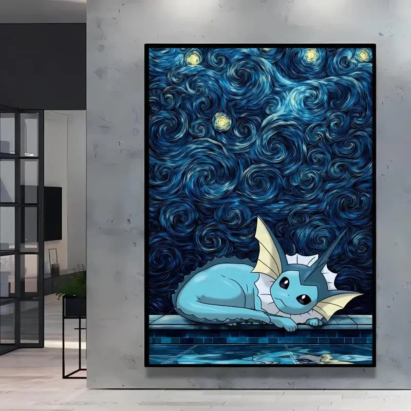 A framed canvas poster pokémon van gogh featuring a light blue eevee on tiled steps under nuit étoilée skies
