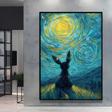 Poster pokémon umbreon noir devant une nuit étoilée style van gogh aux tons bleus et jaunes vibrant