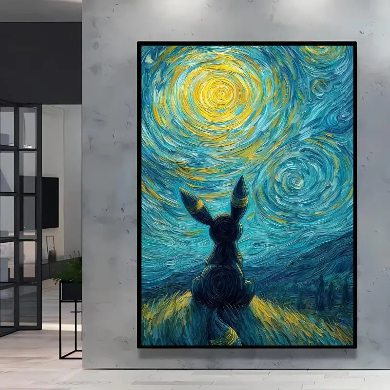 Poster pokémon umbreon noir devant une nuit étoilée style van gogh aux tons bleus et jaunes vibrant