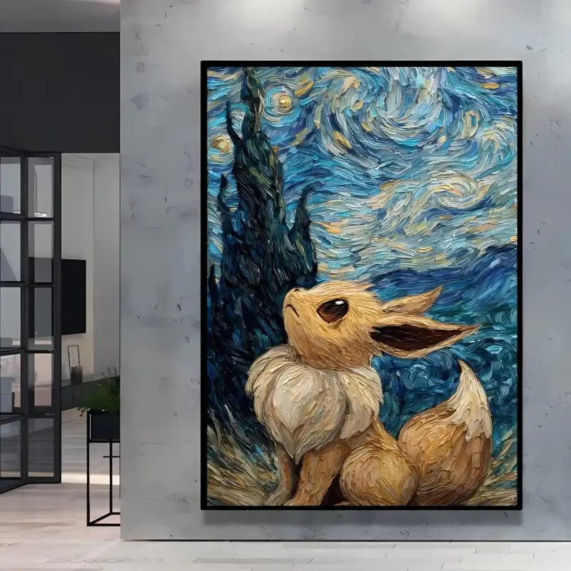 A framed poster pokémon featuring a tan and cream eevee beneath swirling blue and gold starry skies in van gogh style nuit étoilée