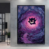 Affiche pokémon van gogh avec gengar noir aux yeux brillants dans un vortex nuit étoilée violet et bleu