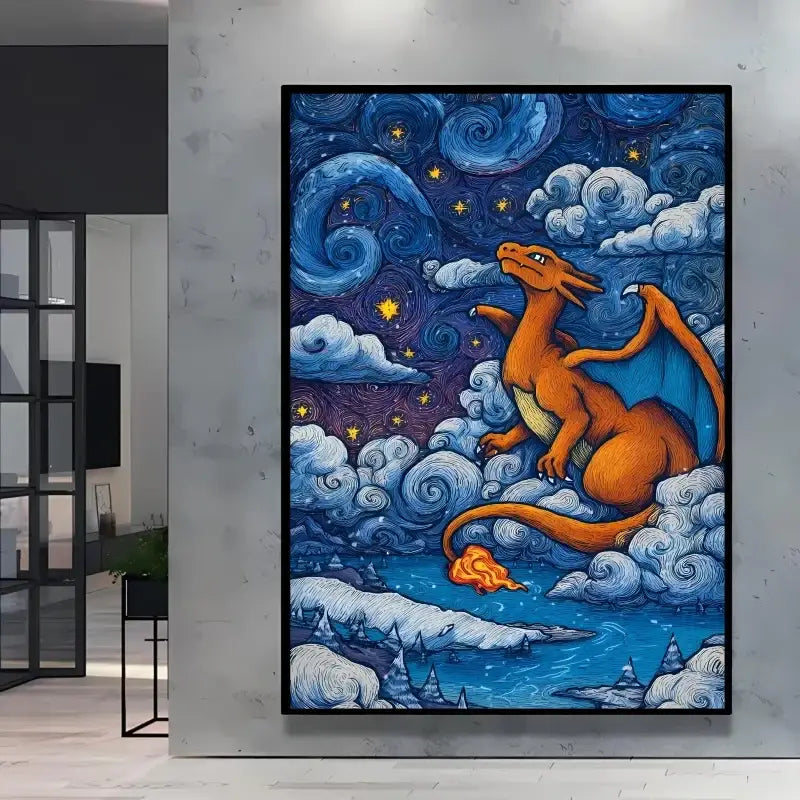 Poster pokémon charizard orange vibrant style van gogh nuit étoilée avec étoiles dorées et nuages stylisés