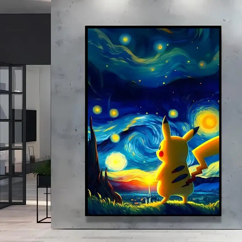 Poster pokémon représentant pikachu jaune sous une nuit étoilée style van gogh dans un cadre noir élégant
