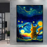 Poster pokémon représentant pikachu jaune sous une nuit étoilée style van gogh dans un cadre noir élégant