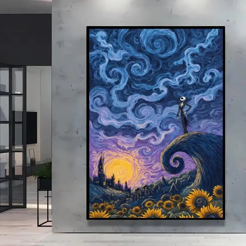 Affiche pokémon van gogh avec jack skellington sur colline tourbillonnante sous nuit étoilée et tournesols