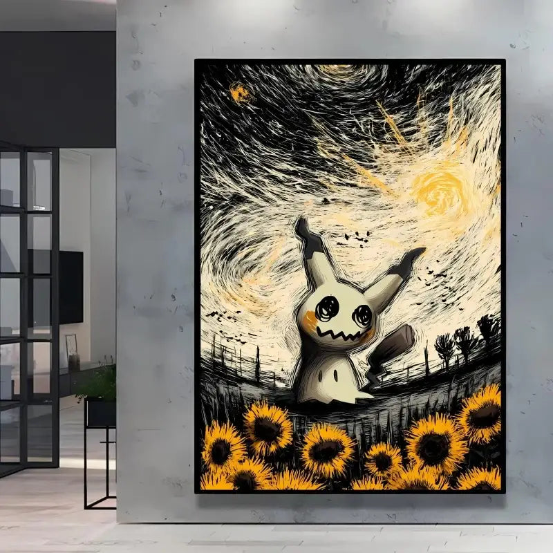 Affiche pokémon van gogh mimikyu crème dans un champ de tournesols sous un ciel étoilé nuit étoilée