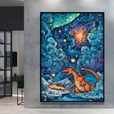 Poster pokémon van gogh avec artwork vibrant de charizard orange et nuages cosmiques bleu violet nuit étoilée aurora borealis