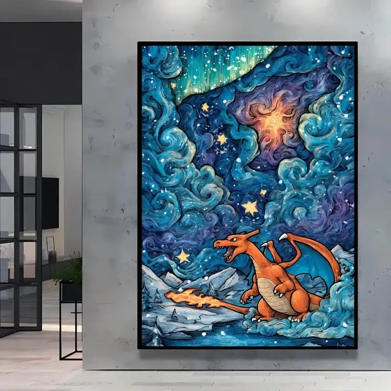 Poster pokémon van gogh avec artwork vibrant de charizard orange et nuages cosmiques bleu violet nuit étoilée aurora borealis