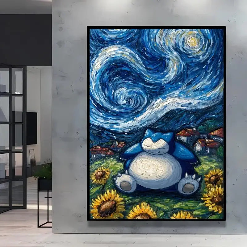 Poster pokémon van gogh présentant snorlax bleu et blanc dans un champ de tournesols sous une nuit étoilée style van gogh