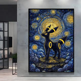Poster pokémon van gogh style avec umbreon noir aux marques jaunes brillantes sur fond nuit étoilée bleu et or