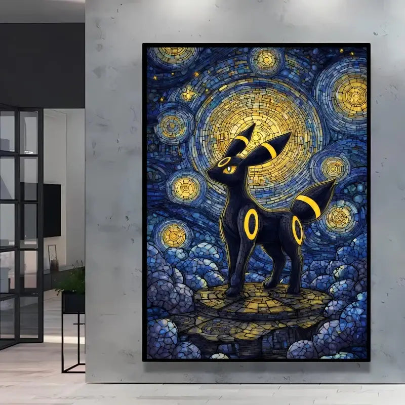 Poster pokémon van gogh style avec umbreon noir aux marques jaunes brillantes sur fond nuit étoilée bleu et or