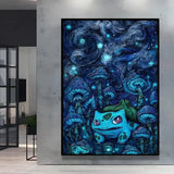 Affiche pokémon van gogh bulbasaur bleu et teal avec champignons lumineux sous nuit étoilée swirling