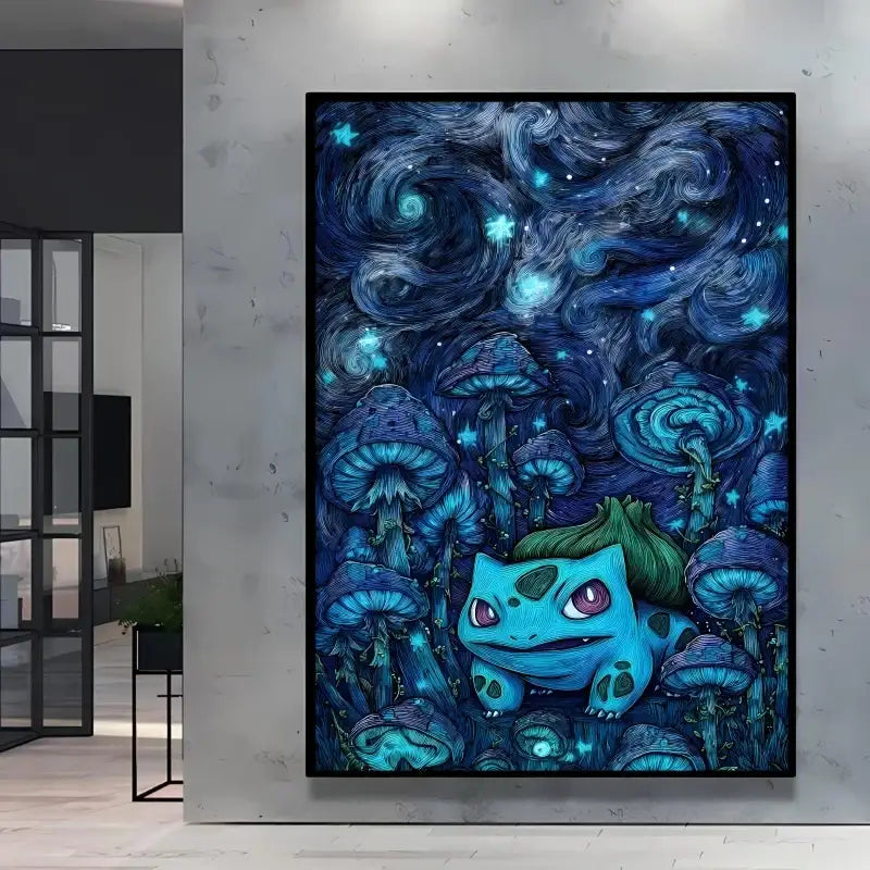 Affiche pokémon van gogh bulbasaur bleu et teal avec champignons lumineux sous nuit étoilée swirling