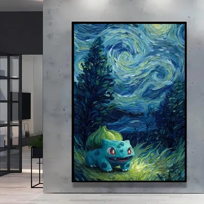 A framed canvas poster pokémon featuring a turquoise bulbasaur under a van gogh inspired nuit étoilée sky