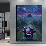 Affiche pokémon van gogh avec gengar violet foncé aux yeux rouges sur chemin pavé sous nuit étoilée style van gogh