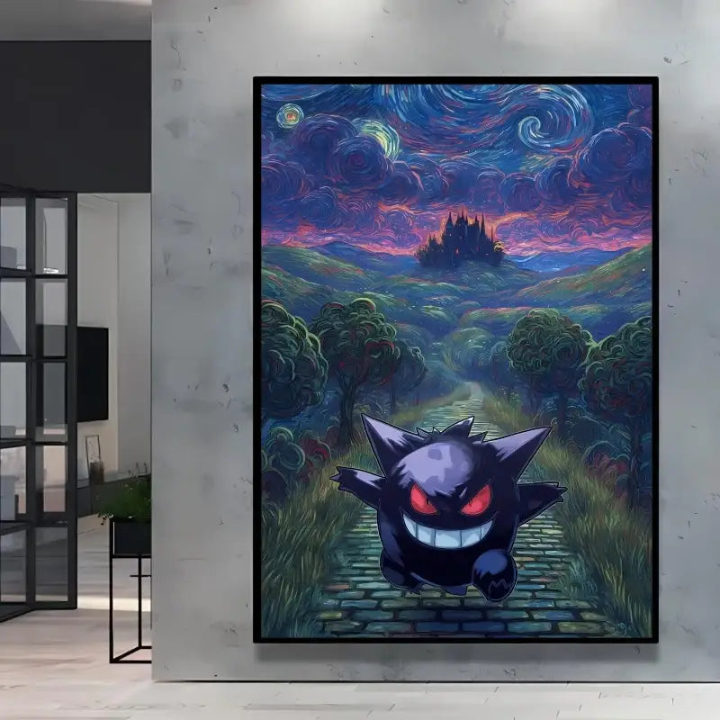 Affiche pokémon van gogh avec gengar violet foncé aux yeux rouges sur chemin pavé sous nuit étoilée style van gogh