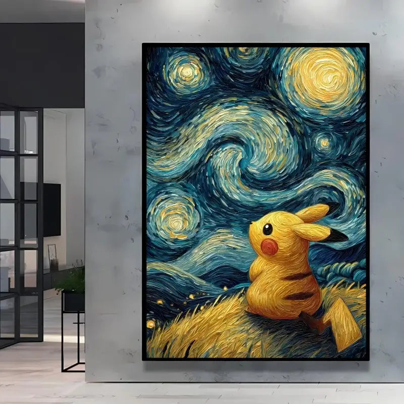 Poster pokémon van gogh avec pikachu jaune assis sur herbe dorée sous ciel nuit étoilée style van gogh